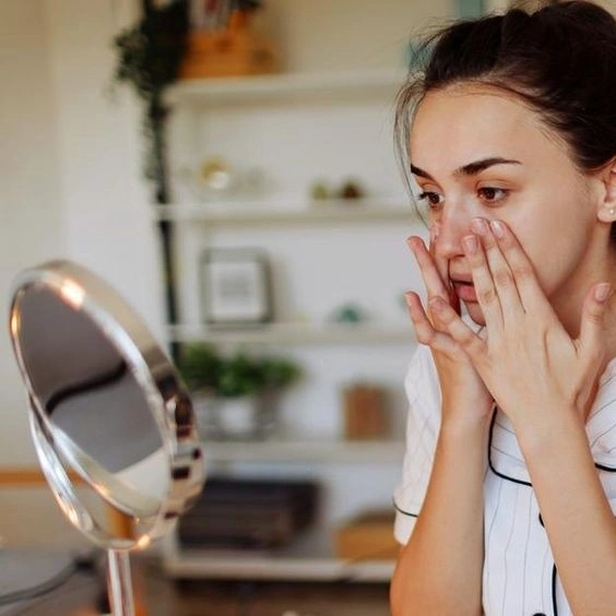 A Lady seeing in a mirror after skin tone treatment in missouri city, tx